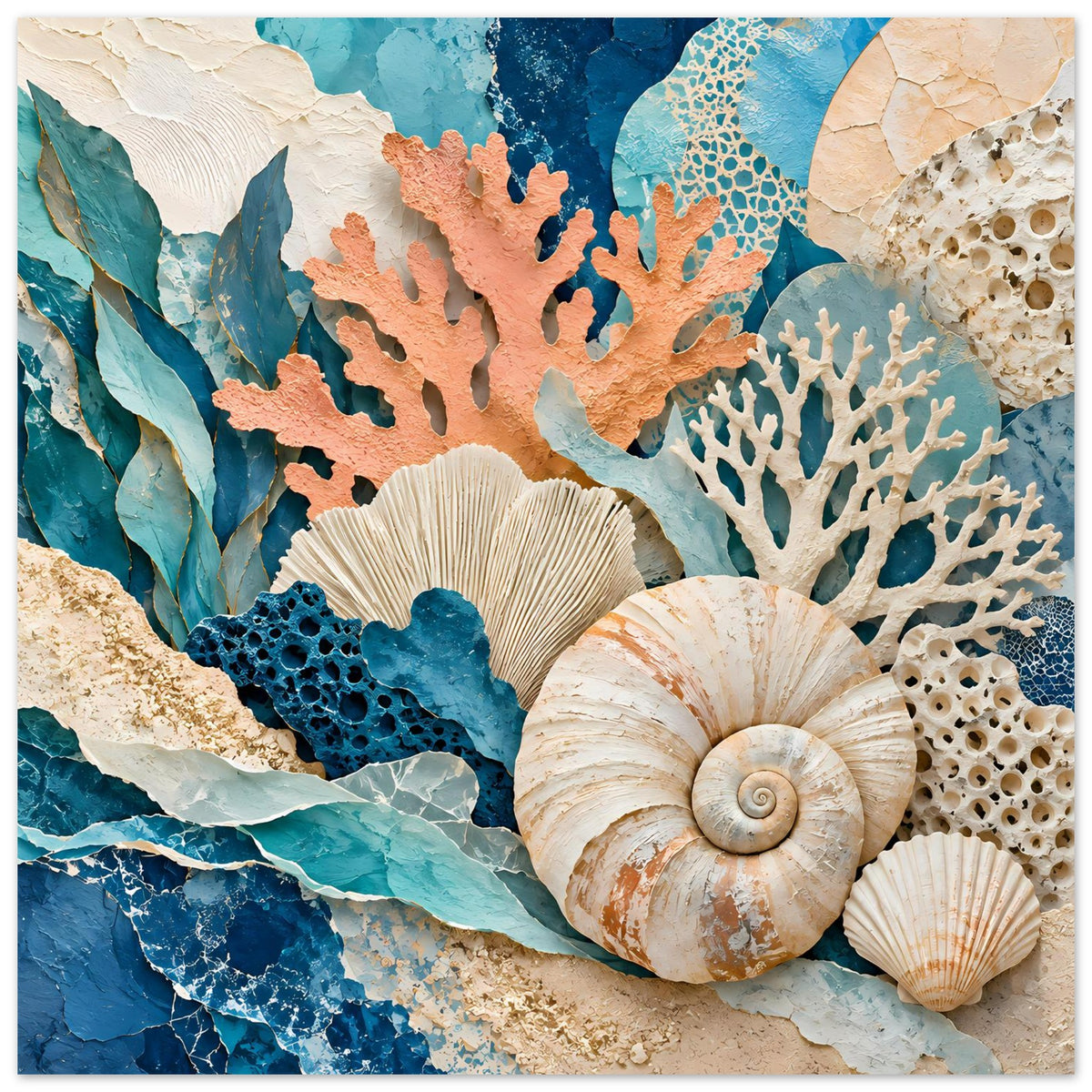 Poster mit Korallen- und Muschelmotiv in Blau-, Türkis- und Beigetönen, hochkant