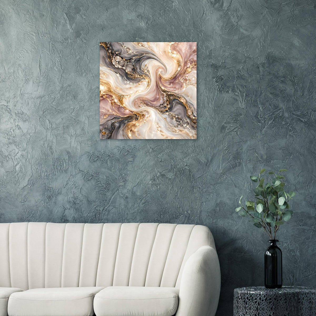 Quadratisches Marmor-Poster mit goldenen Details, Creme, Grau und Violett im Muster