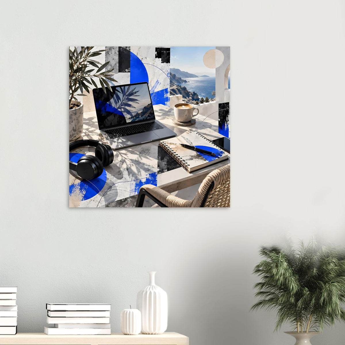 Poster mit Laptop, Tasse und Notizblock, blaues Küstenmotiv in moderner Collage