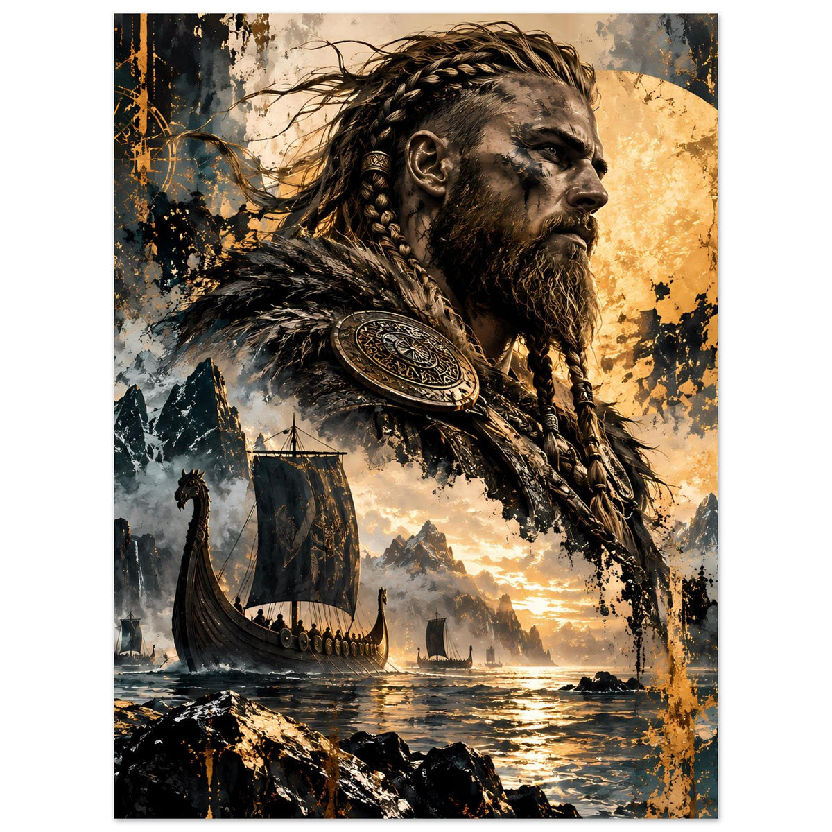 Wikinger-Krieger-Poster: bärtiger Wikinger mit Schild und Umhang, Landschaft mit Bergen und Wolken