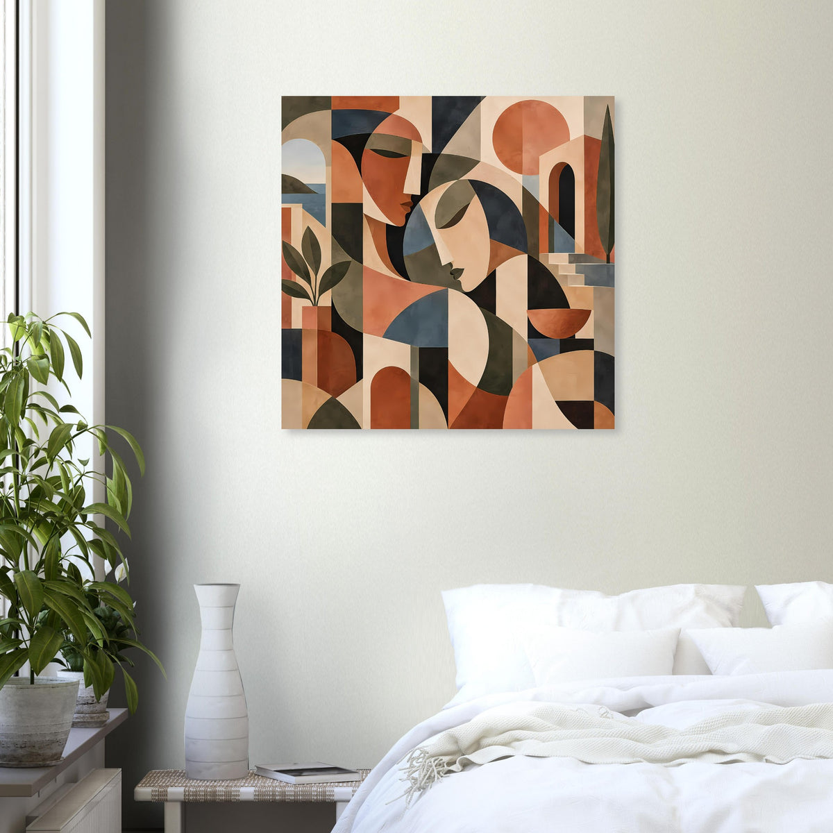 Quadratischer Art-Print mit abstrakten Gesichtern und organischen Formen in Terrakotta und Beige.