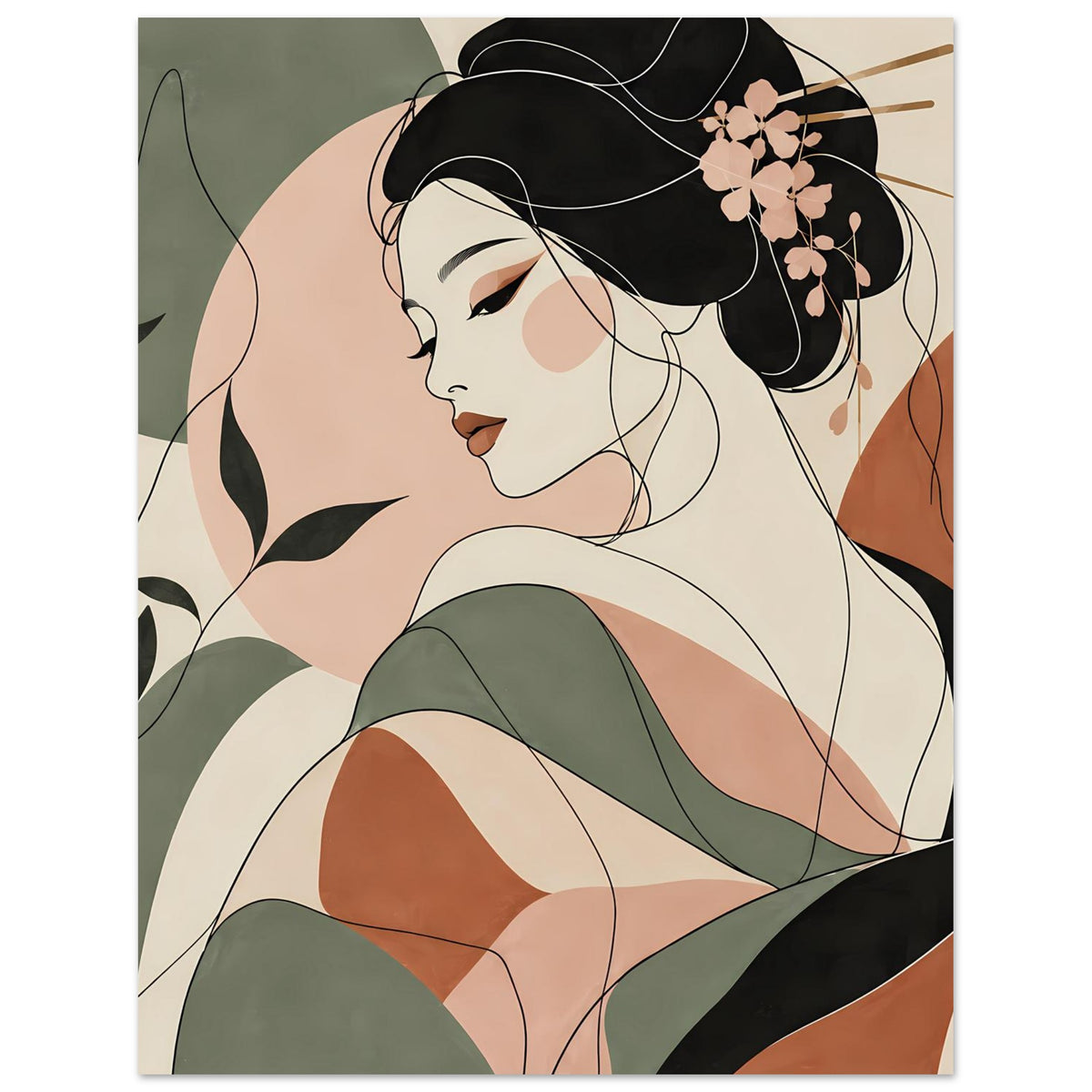 Zen-Poster: Geisha im Linienkunst-Stil, Nahansicht von Kopf, Gesicht und Haarschmuck mit Blumen.