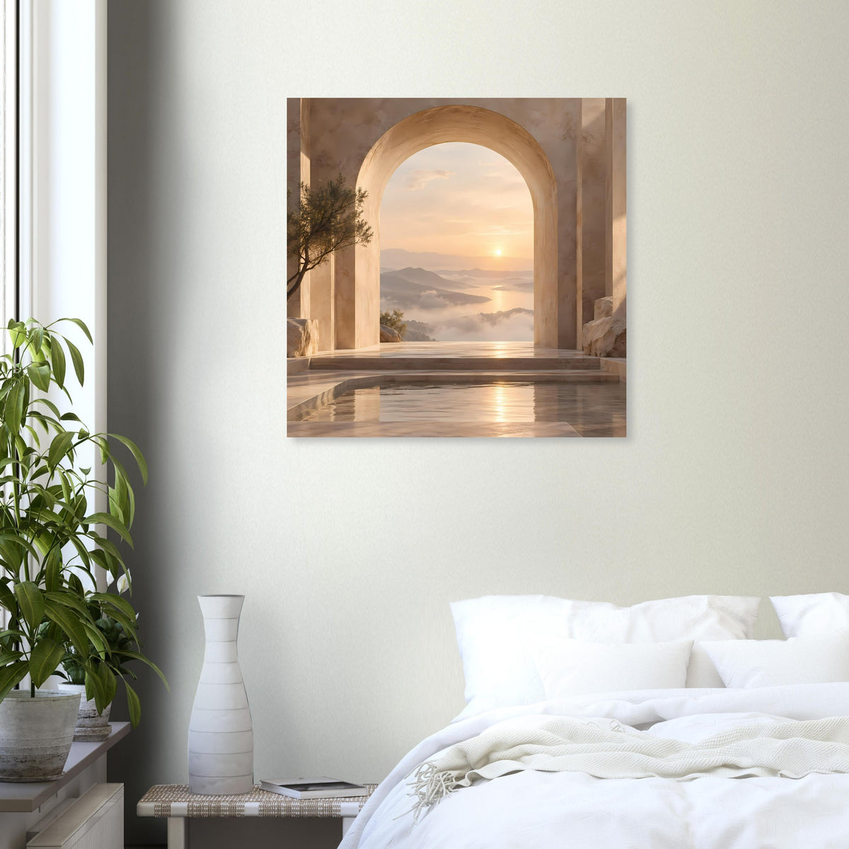 Wandposter mit Torbogenlandschaft und goldenem Sonnenaufgang