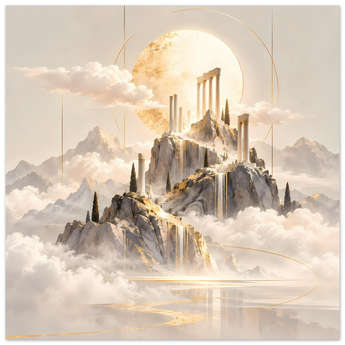 Vertikales Poster mit Tempel-Motiv: goldene Lichtlinien über Wolken und Felsen