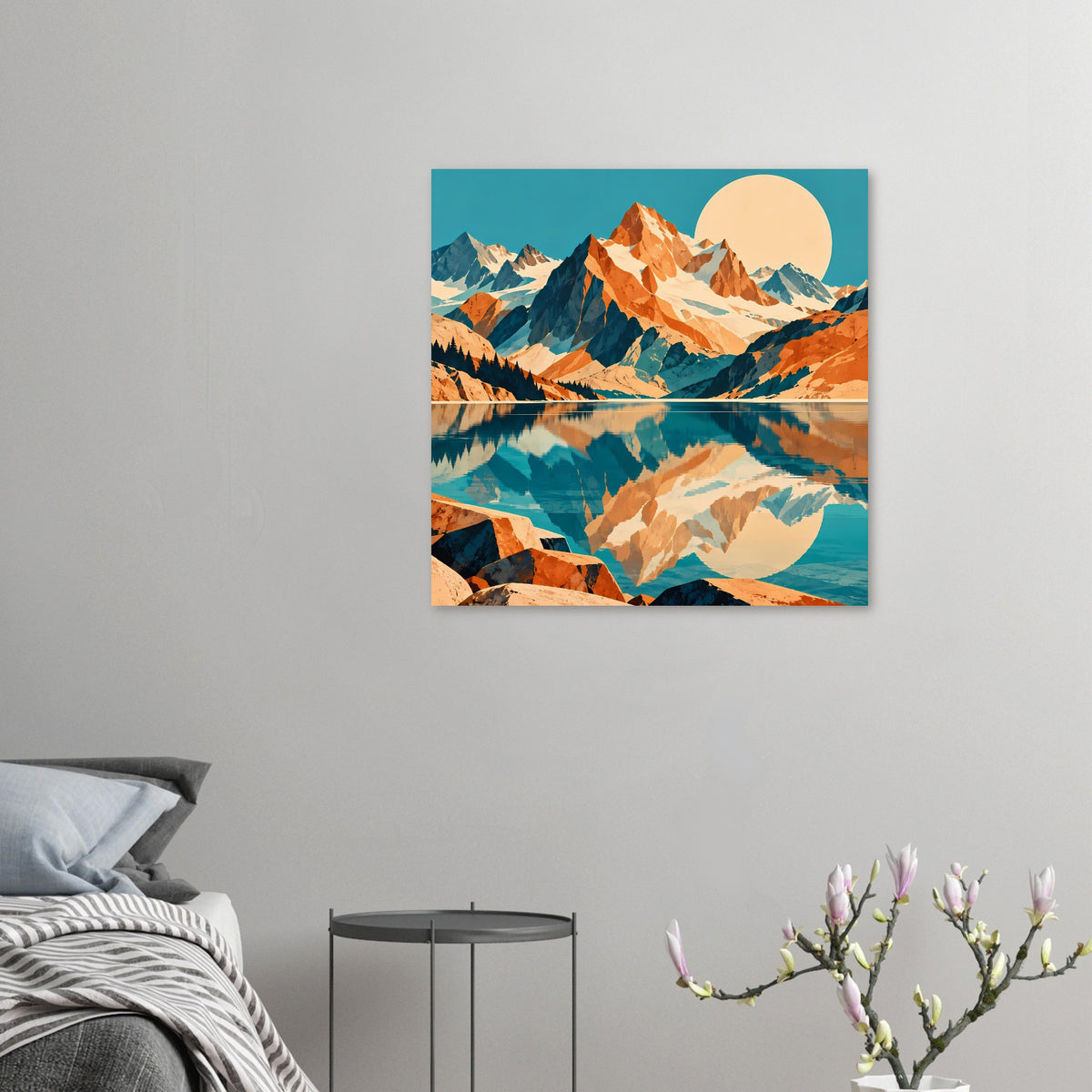 Kleines Naturposter mit Bergpanorama, Spiegelung im See und Sonne in Blau-Orange