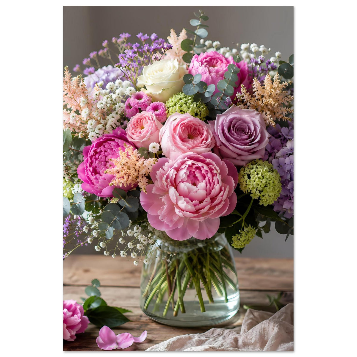 Blumenposter im Hochformat mit Pastell-Bouquet aus Rosen, Hortensien und Eukalyptus in Vase