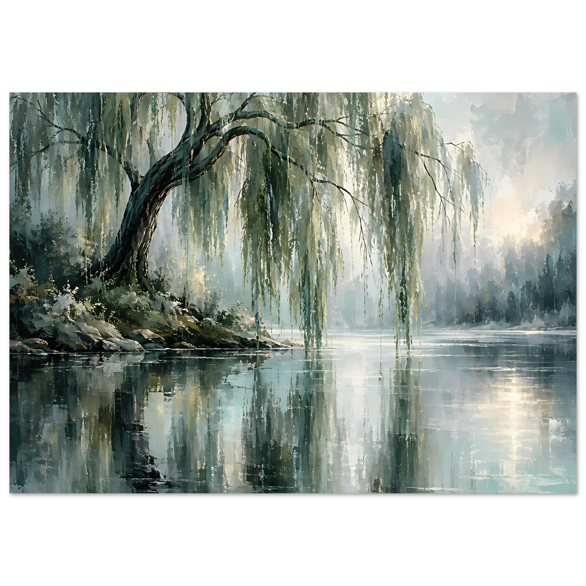 Poster mit Trauerweiden am See, Blick auf Wasser und Reflexion im Vordergrund