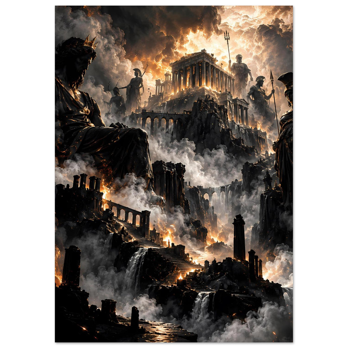 Fantasy-Poster im Hochformat: Ruinenstadt, Flammenhimmel, Soldaten und bedrohliche Silhouetten