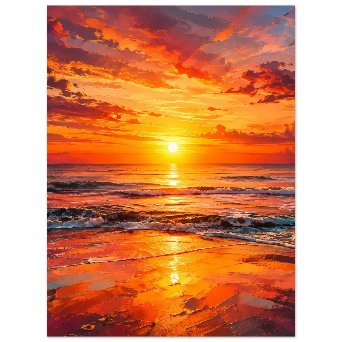 Vertikales Poster mit Sonnenaufgang über dem Meer und glühendem Strand