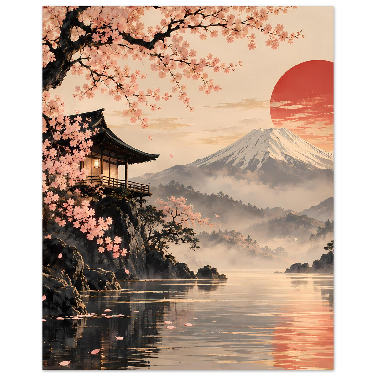Poster mit Kirschblütenzweigen links, Pagode, Fuji-Berg, rotem Sonnenkreis und See-Reflexion