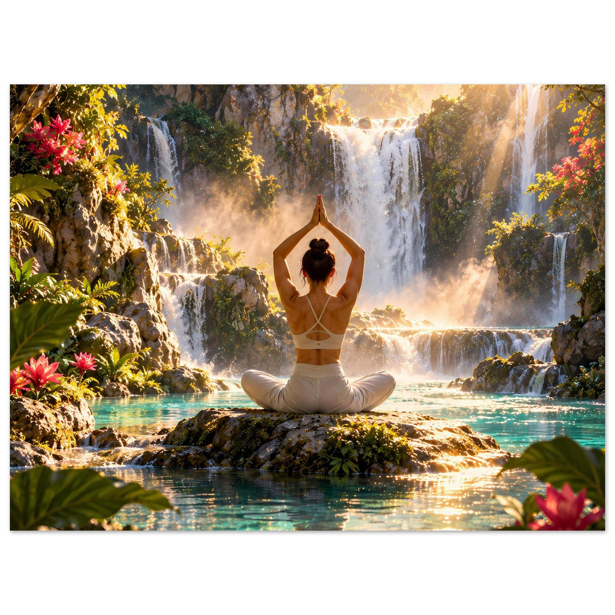 Yoga-Meditationsposter: meditierende Frau im Lotussitz vor Wasserfall, umrahmt von Blüten