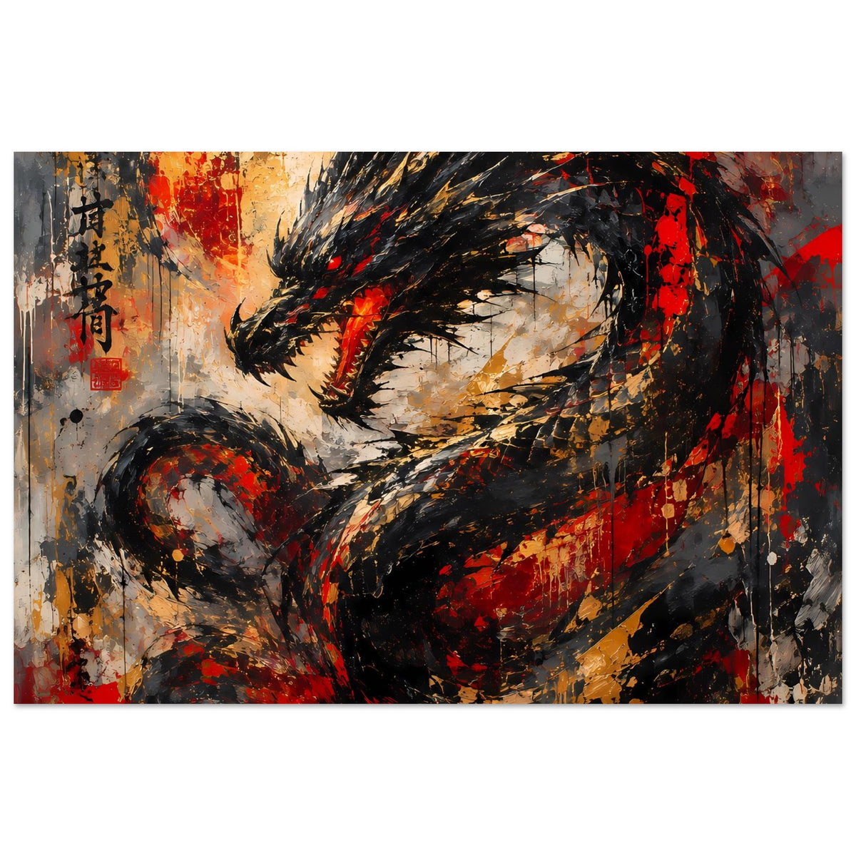 Abstraktes Drachenposter, dynamische schwarze Konturen, rote Flecken, Schrift links