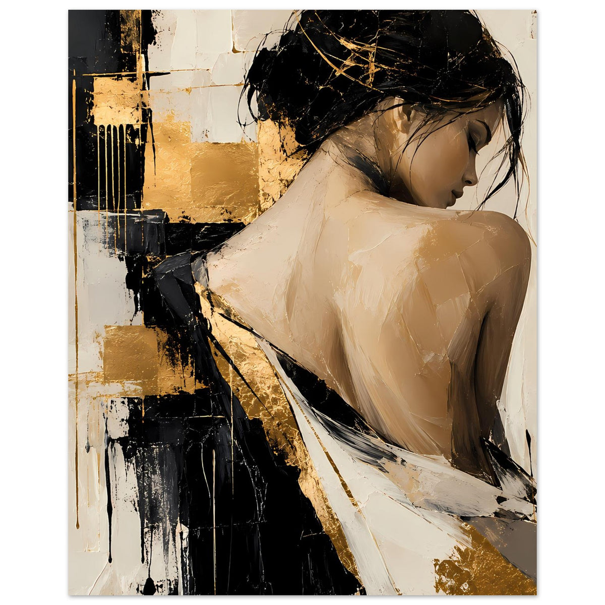 Abstraktes Damenportrait-Poster, Nahansicht der Frau im Profil, Schwarz-Gold-Beige