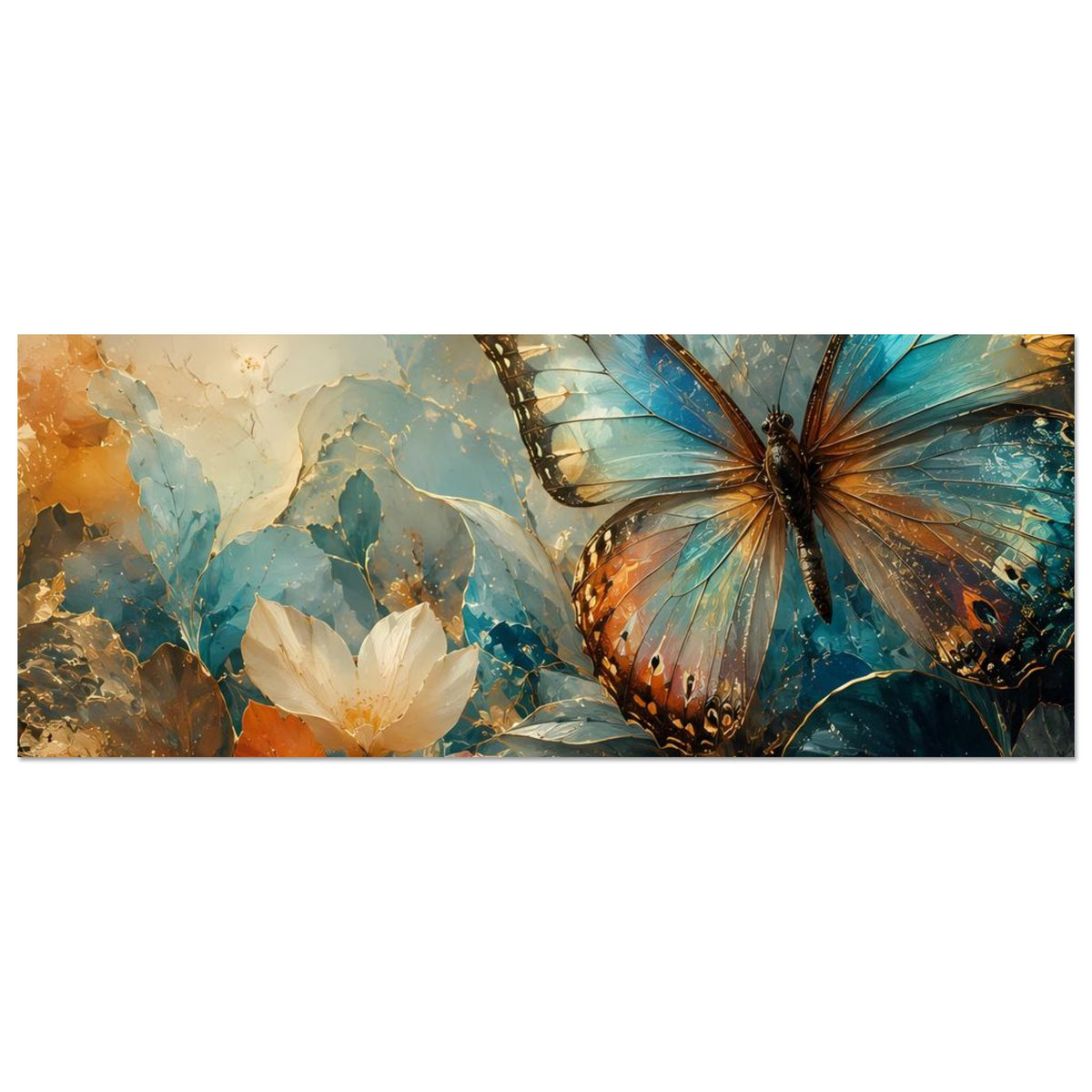 Horizontales Poster mit Schmetterling und weißen Blumen, blaue und goldene Farbakzente