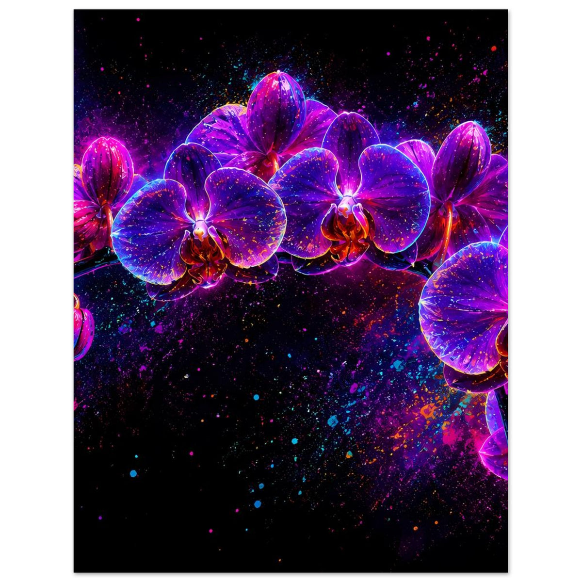 Neon-Orchideen-Poster: mehrere Orchideenblüten in Violett und Pink, leuchtend hervorgehoben