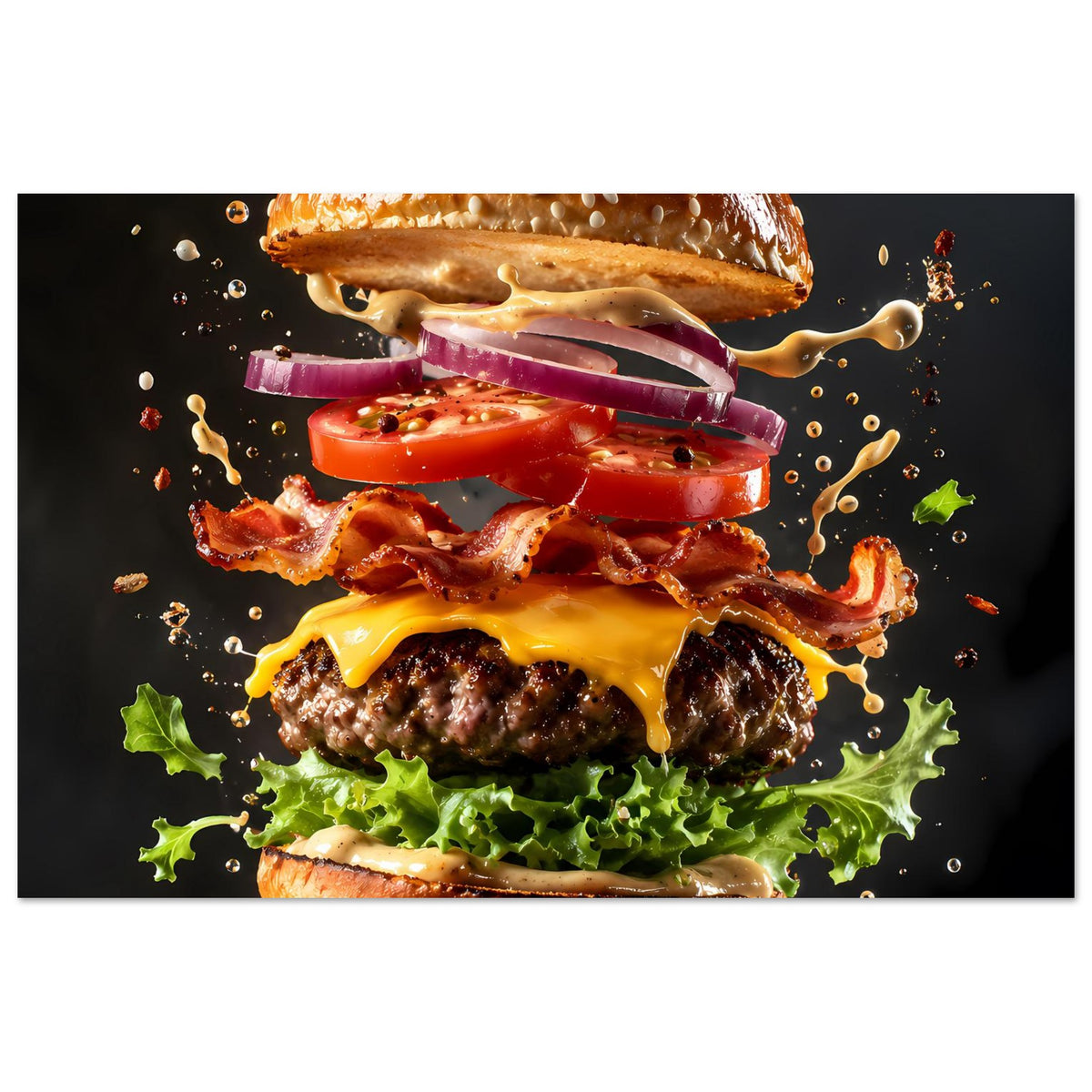 Burger-Poster: überlappende Zutaten mit Käse, Bacon, Tomate und grünen Salatblättern