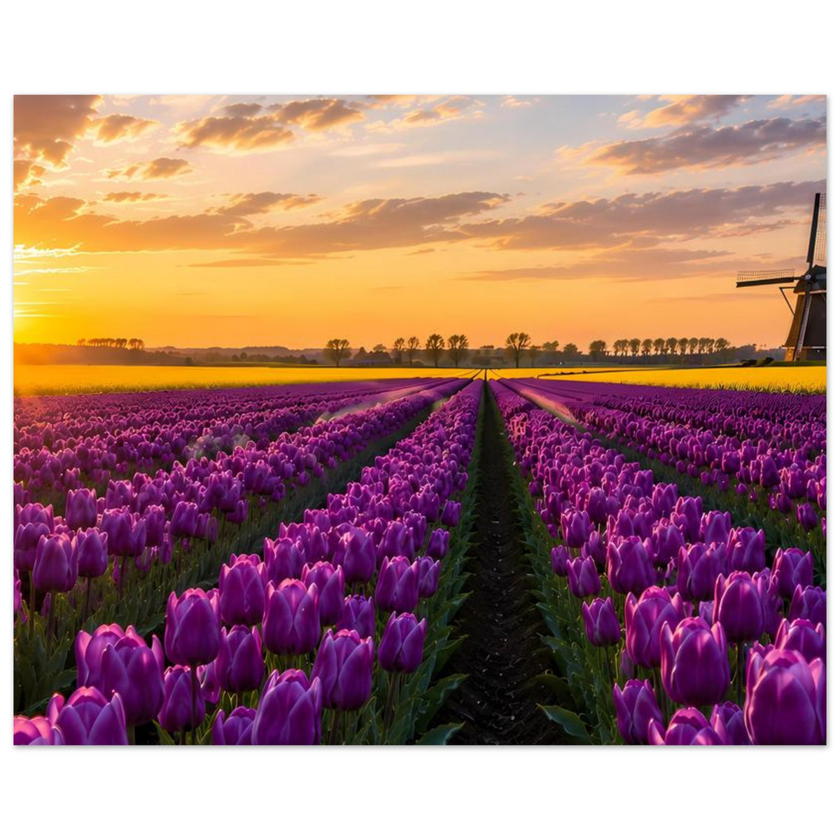 Poster im Querformat: lila Tulpenreihen, Sonnenuntergang und Windmühle am rechten Rand