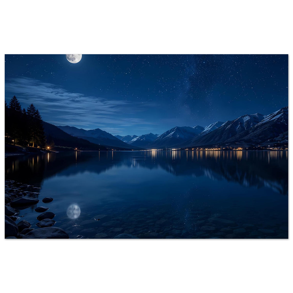 Horizontales Poster: Bergsee bei Nacht, Sterne am Himmel und Mondlicht im Wasser.