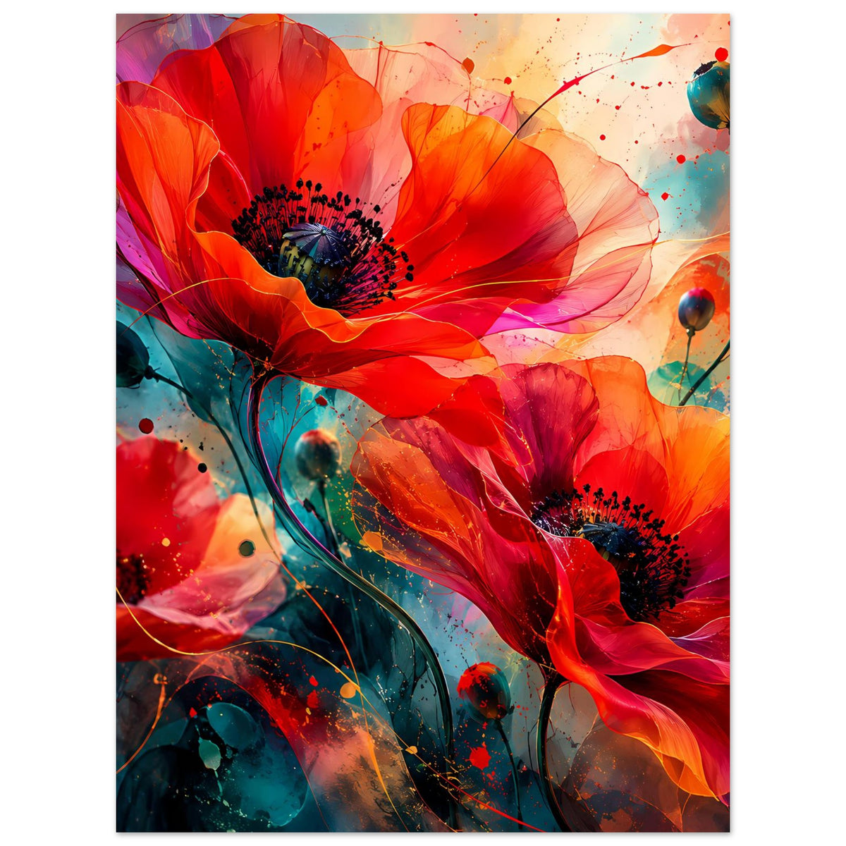 Vertikales Blumen-Artposter mit kräftigen roten Blüten und blauen Akzenten, abstrakt