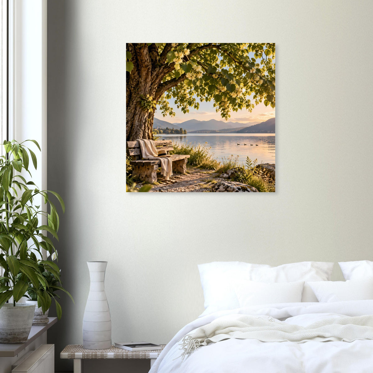 Wandposter mit Seeufer, Baumast und Sonnenuntergang am Wasser, auf mattem Premiumpapier