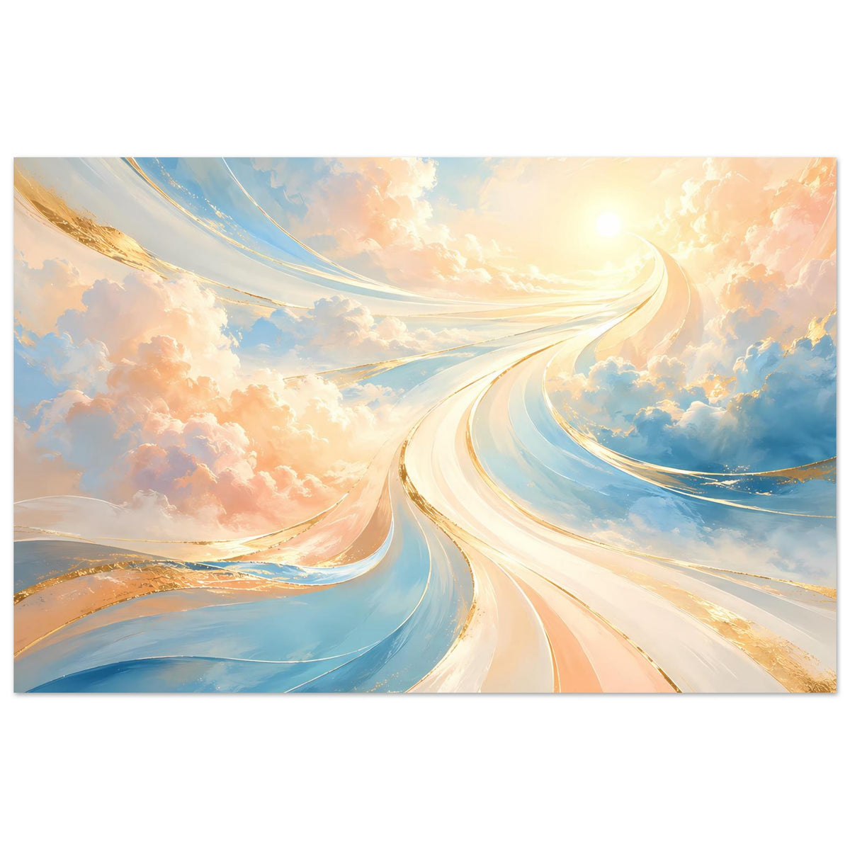 Fantasie-Poster mit geschwungenen Lichtbahnen durch Wolken in Pastellfarben, horizontal