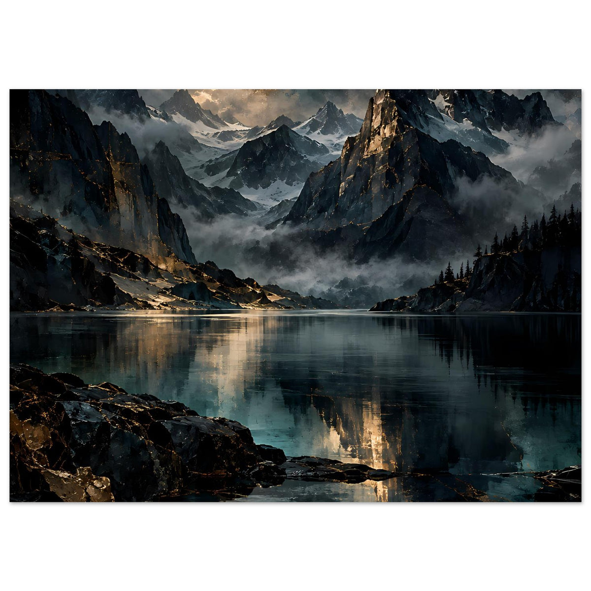 Horizontales Poster mit Alpenlandschaft, Bergmassiv, Bergsee und spiegelndem Wasser