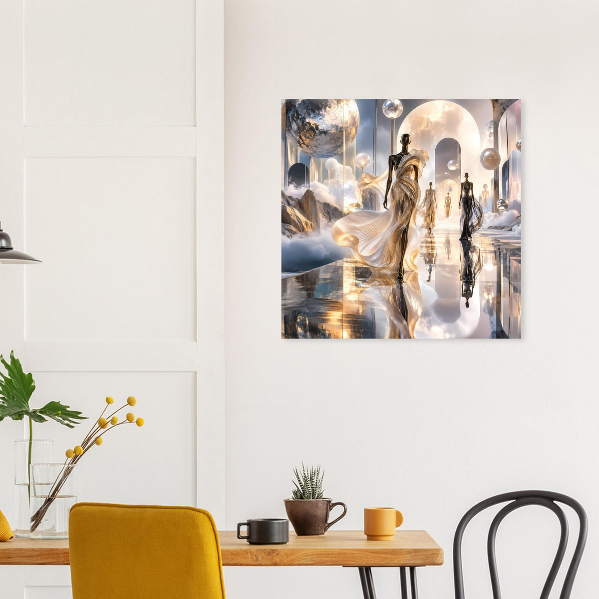 Quadratischer Kunstdruck mit zentraler Figur vor hellem Torbogen, umgeben von Gestalten.