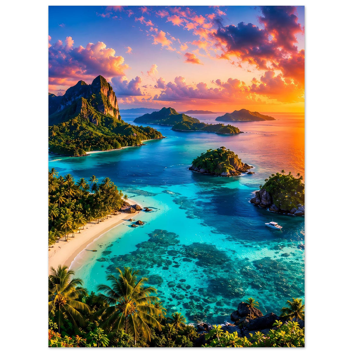 Poster mit türkisblauer Lagune: Sandbucht, kleine Inseln und Sonnenuntergang über dem Meer