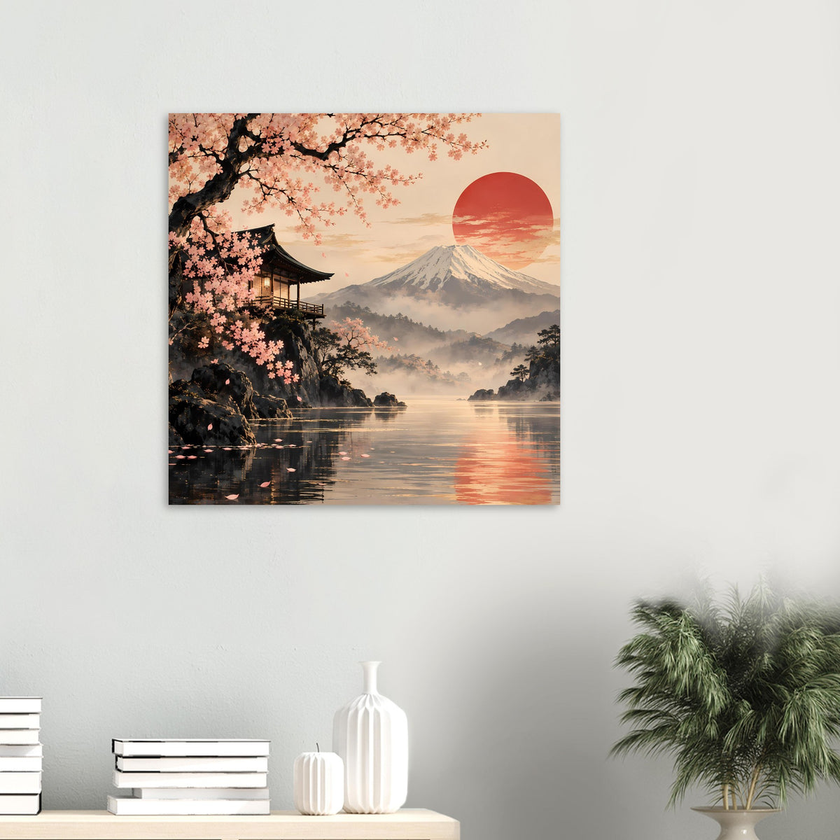 Kleines Wandposter mit Kirschblüten, Tempelpavillon, Berg Fuji und roter Sonne über See