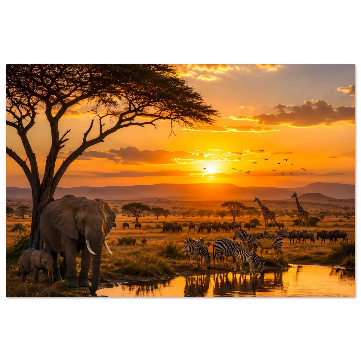 Poster mit Elefanten und Zebras am Wasserloch, goldener Sonnenuntergang über der Savanne