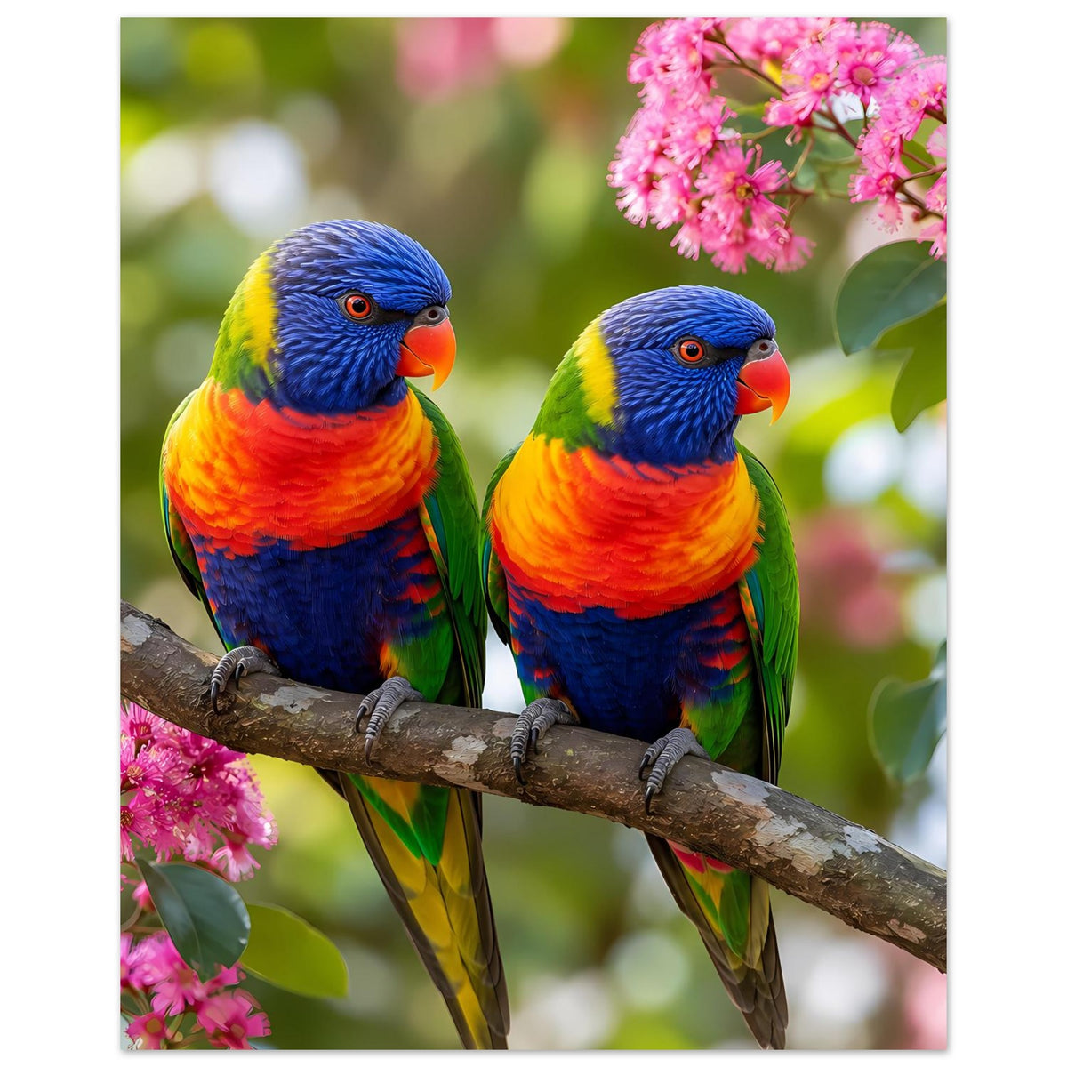 Hochformat-Poster mit zwei Regenbogenloriquets auf Ast, umrahmt von rosa Blüten