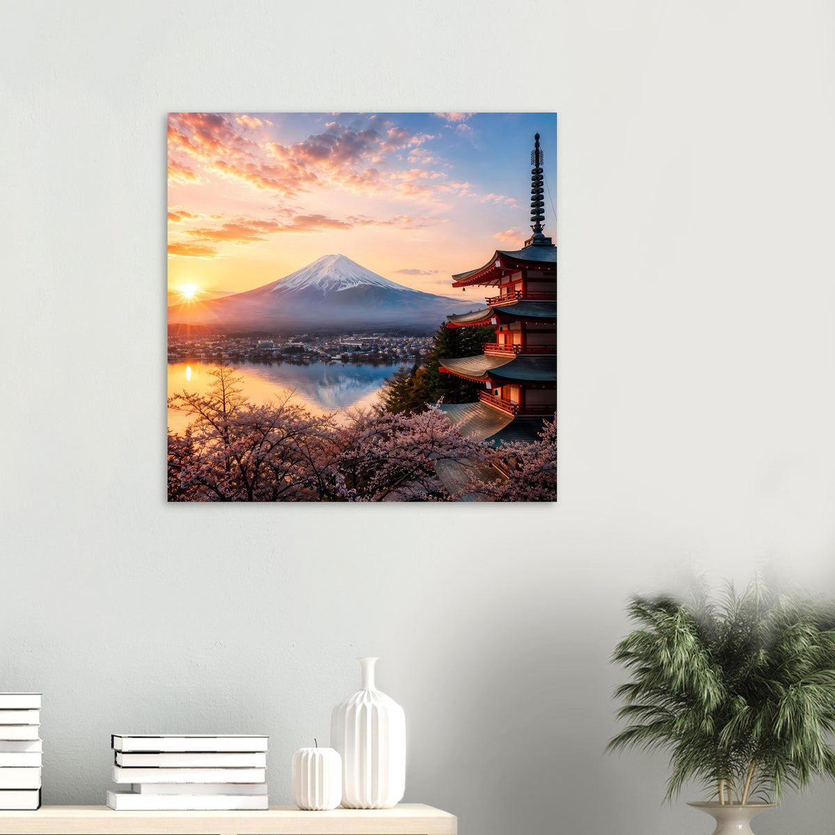 Kleines Landschaftsposter mit Fuji, Kirschblüten, Pagode rechts und warmem Sonnenuntergang