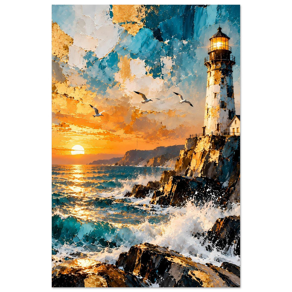 Kunstdruck, Hochformat: Leuchtturm am Meer mit Sonnenuntergang, Ozeanwellen und Vögeln
