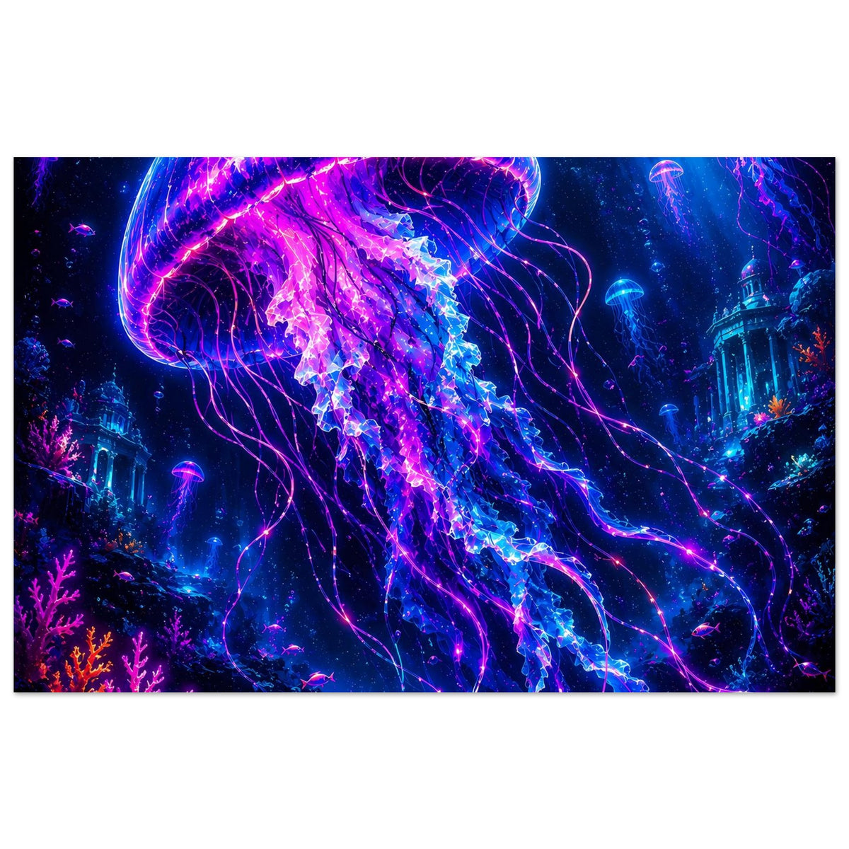 Poster mit leuchtender Qualle, violett-blauer Leuchtbahn und schimmerndem Kuppel-Umriss