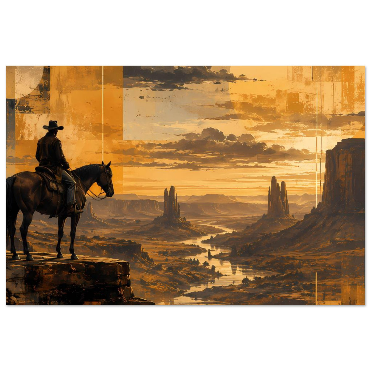 Poster mit Cowboy auf Pferd in der Wüste, Blick auf Schluchten und goldenen Himmel