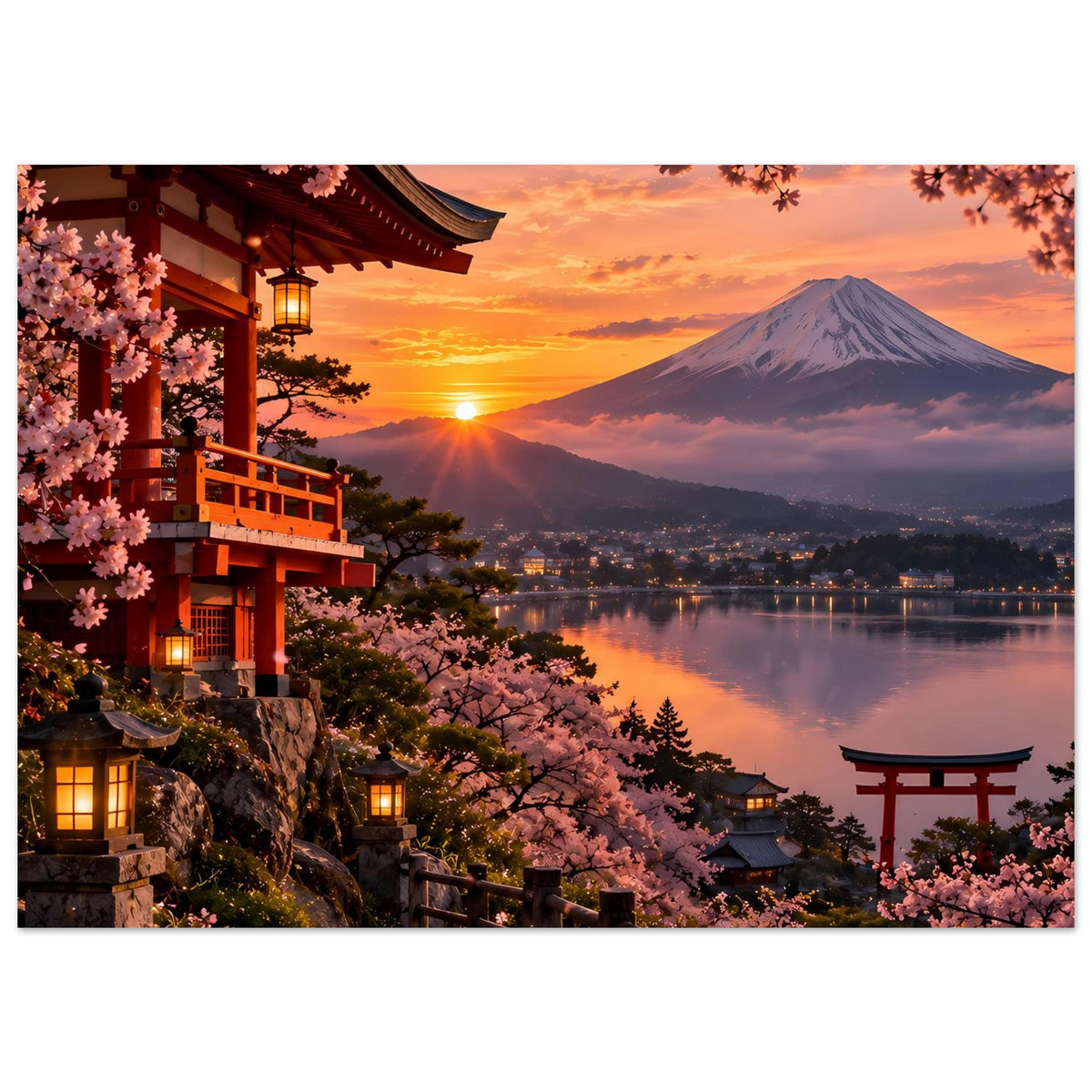 Premium-Poster mit Kirschblüten und rotem Tempelbau am See, Berg Fuji bei Sonnenuntergang