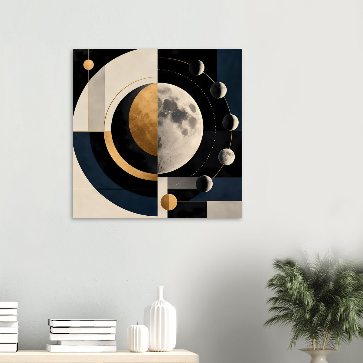 Abstrakter Mondkunst-Druck: quadratische Mondscheibe, goldene Kreise und Planeten in dunklen Tönen