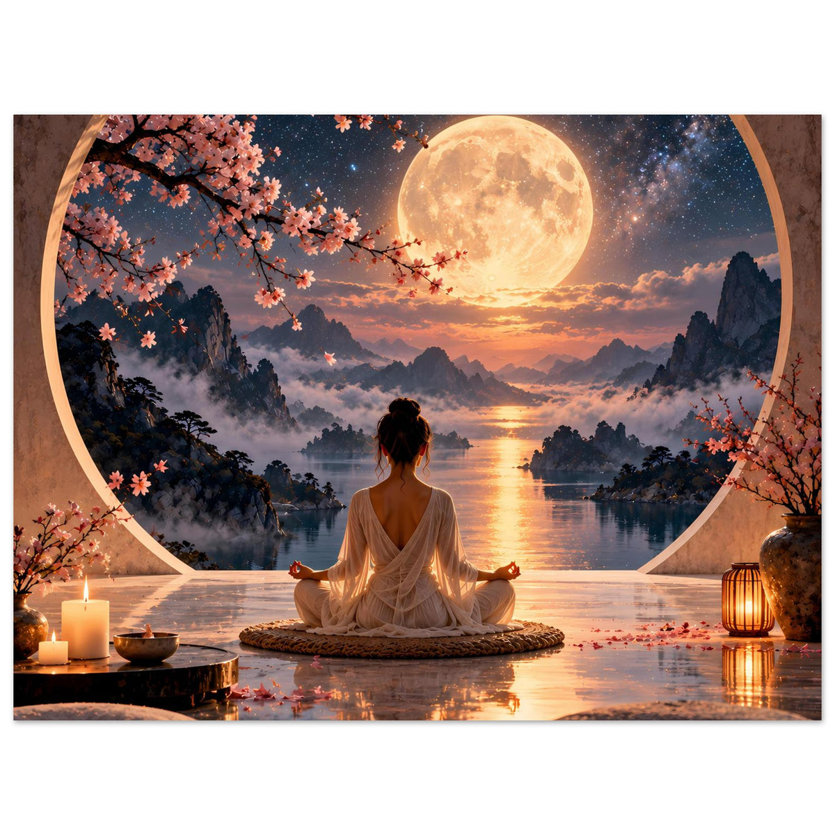 Meditationsposter mit Person im Lotussitz, Vollmond, Bergsee und Laterne rechts