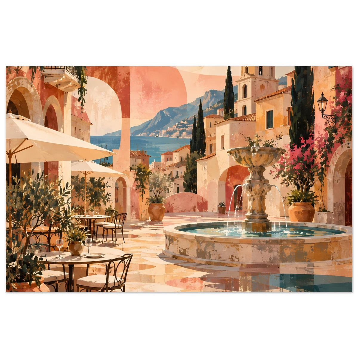 Mediterranes Poster mit Poolbrunnen, Sonnenschirm und Tischchen in warmen Pastelltönen