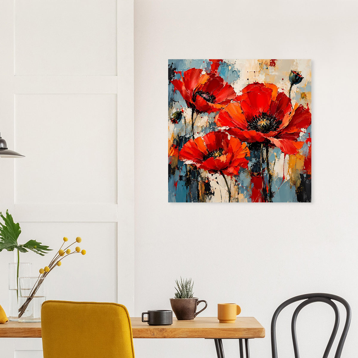 Quadratisches Poster mit roten Mohnblumen, abstrakter Farbfläche und schwarzen Details