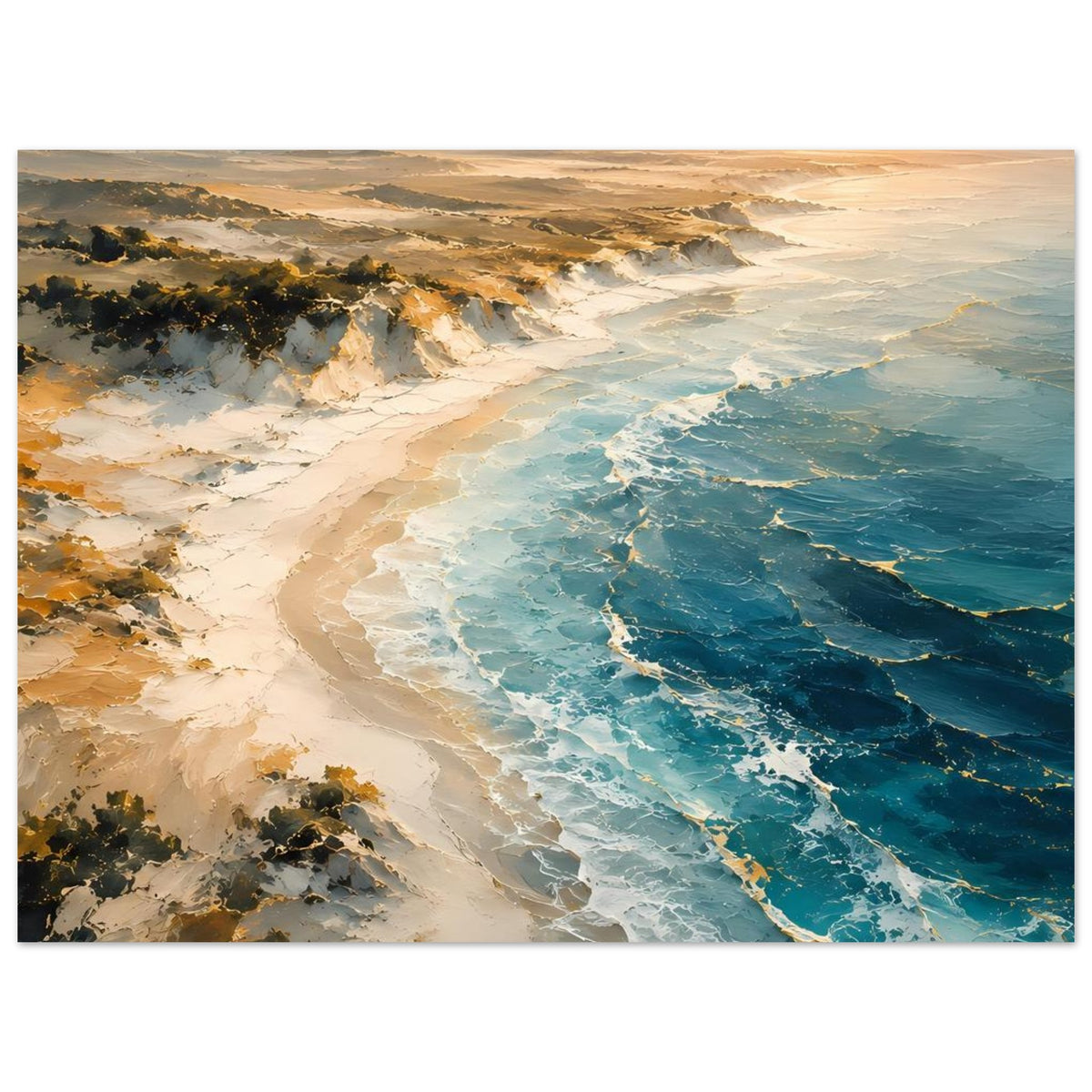 Meer- und Küstenposter: türkisblaues Meer, schmale Sandbucht, goldene Lichtstimmung