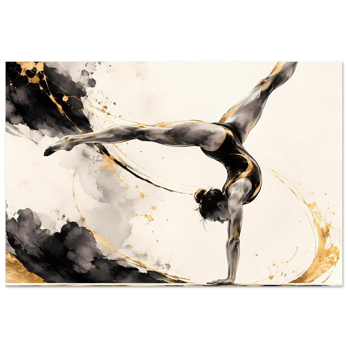 Horizontales Gymnastikposter: Handstand-Turnerin, goldene Akzente und dunkle Farbflächen