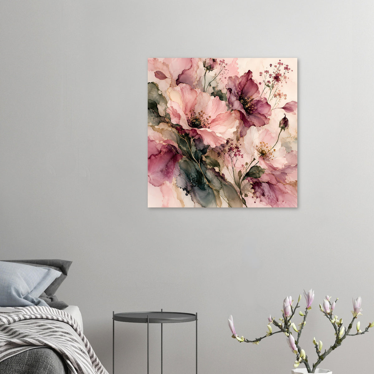 Kleines Blumenposter mit rosa und burgunderroten Blüten sowie grünen Blättern