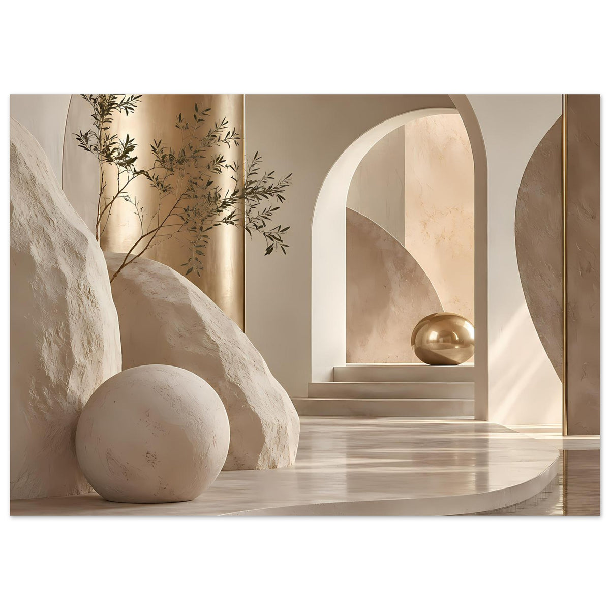 Architekturposter: warme Sand- und Goldtöne, geschwungene Bögen, Steinball und Pflanzenzweige.