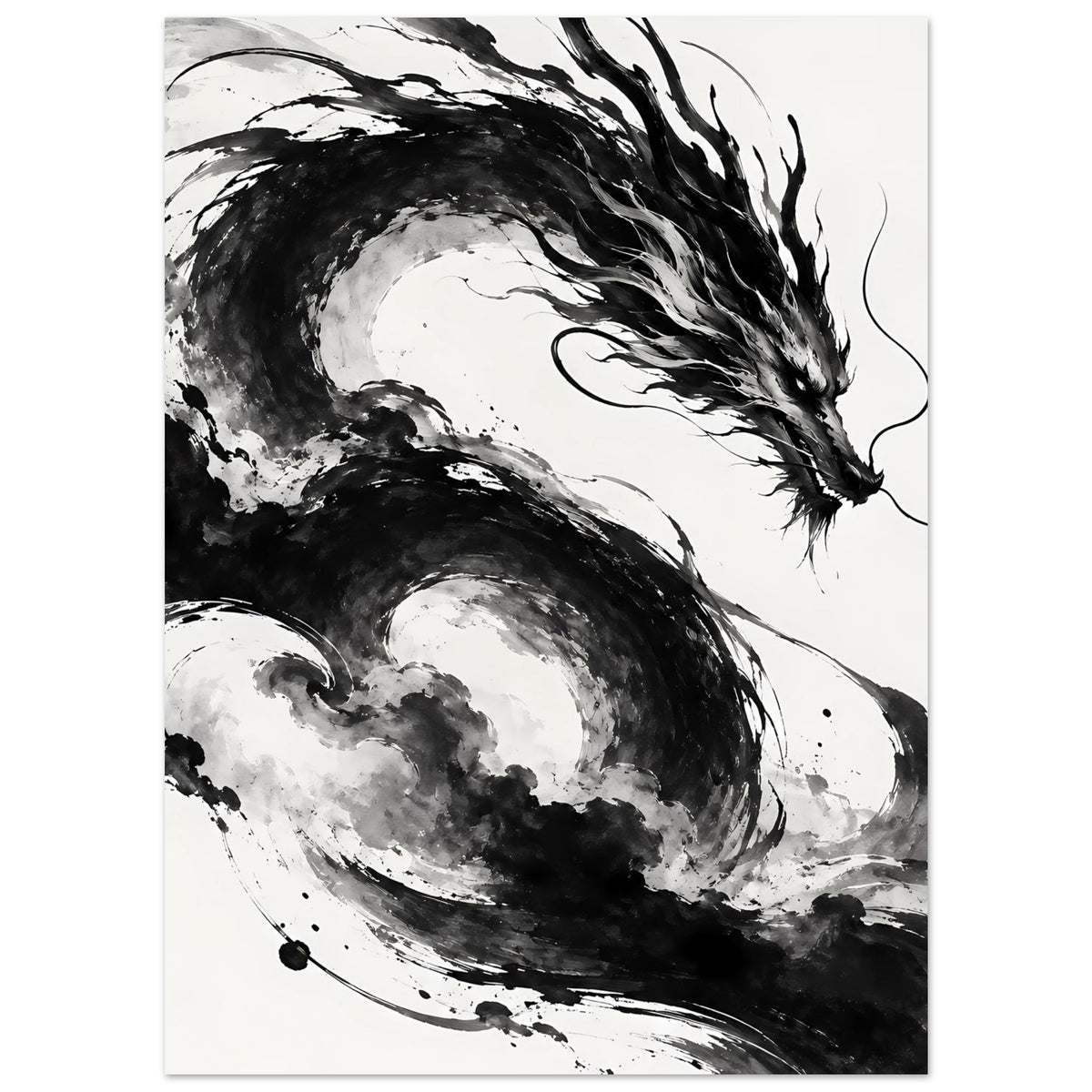 Drachenkunst-Poster im Schwarz-Weiß, vertikal: Drache mit Kreisstrukturen und Pinselspuren