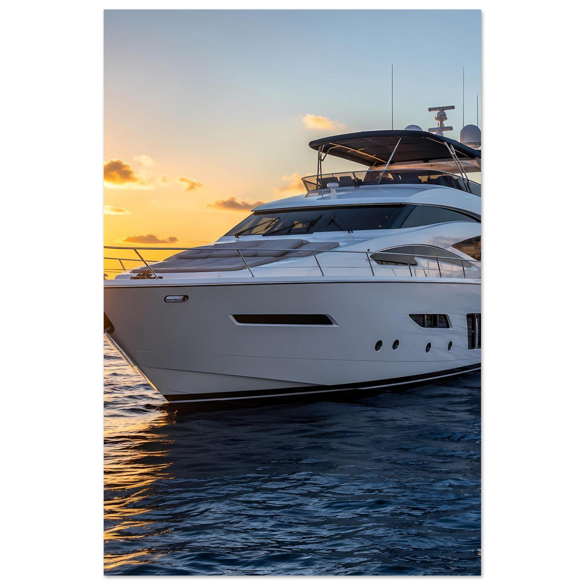 Poster im Hochformat: Bugansicht einer Yacht, weißer Rumpf, ruhiges Meer zur Abenddämmerung