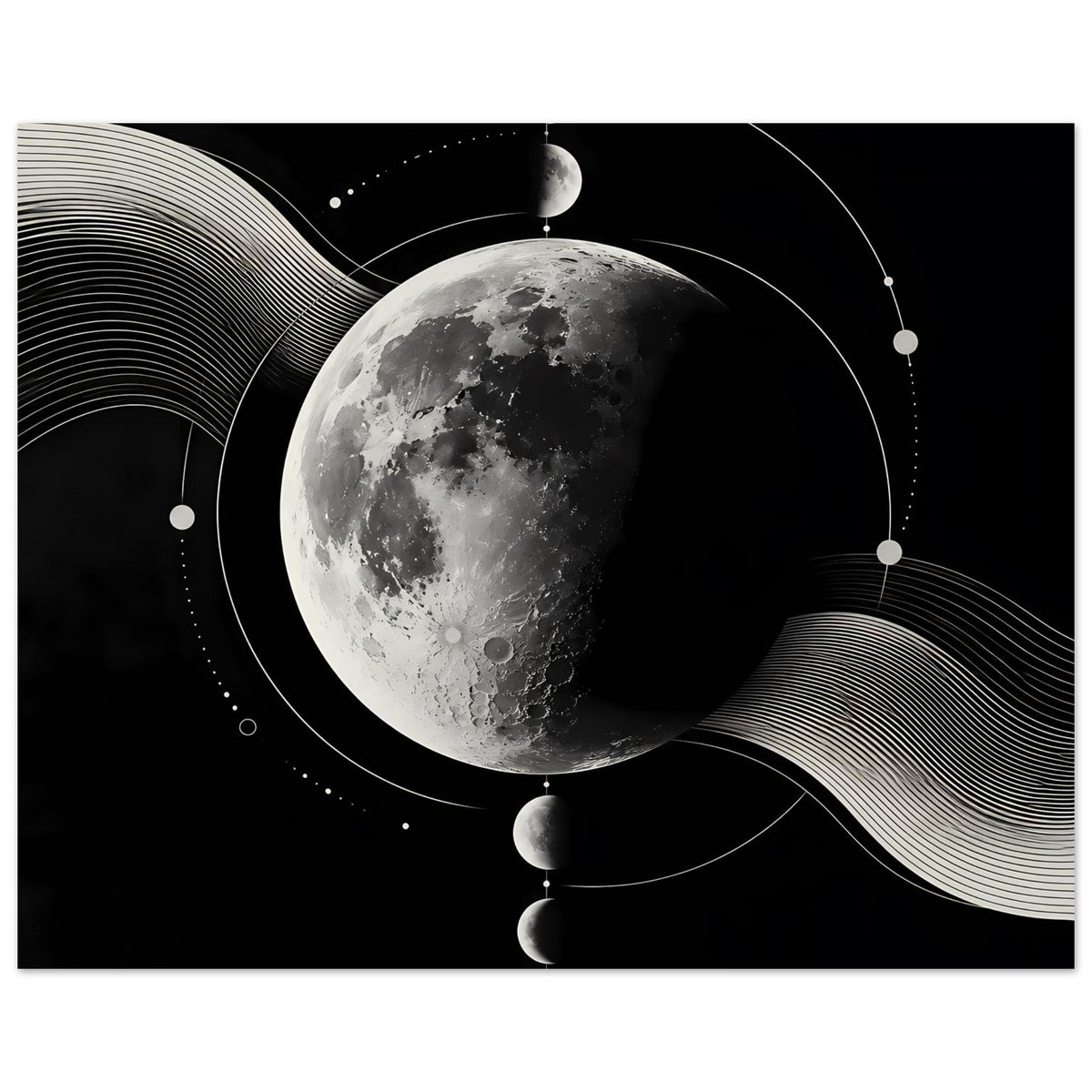 Poster mit Mondmotiv: silberner Vollmond mit Kreisen, Wellenlinien und Punkten auf dunklem Hintergrund