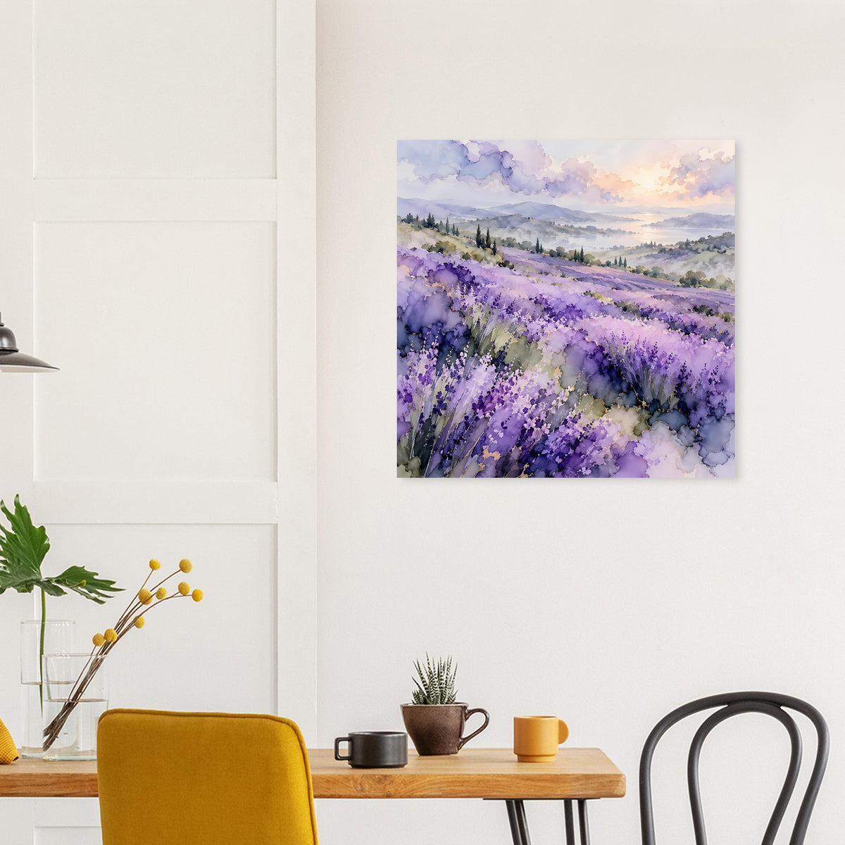 Lavendelfeld-Aquarellposter mit lila Blüten und pastellfarbenem Himmel in warmem Abendton