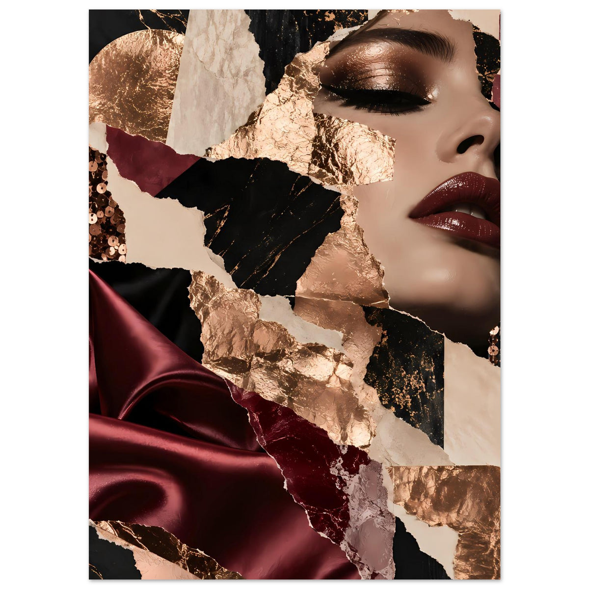 Fashion-Collage-Poster mit Teilporträt, Bordeaux-Satin, goldene Folienflächen und Paillettenrand