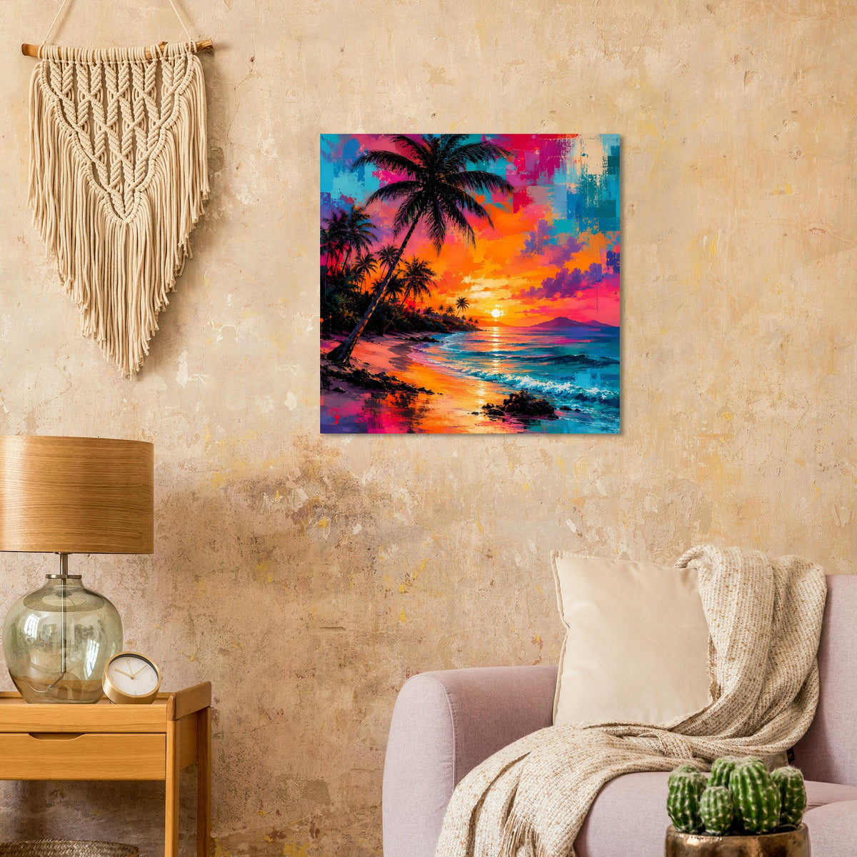 Quadratisches Poster mit Palmen, reflektierendem Wasser und pink-orangefarbenem Himmel.